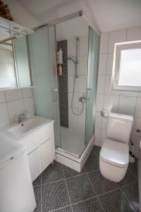 La salle de bains est pourvue d'une douche, de toilettes et d'un lavabo. dans l'établissement Apartment Miro, à Dolac