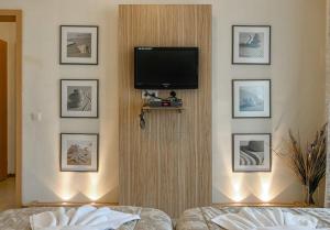 Zimmer mit einem TV an der Wand mit Bildern in der Unterkunft Александра in Sweti Wlas
