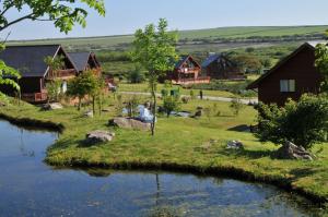 a person sitting on the grass next to a river at Puffin Hot tub Lodge, 4 bedrooms Resort, Pool,Gym,Bar in Padstow