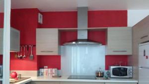 uma cozinha com paredes vermelhas e brancas e um micro-ondas em BIARRITZ T3 CENTRE 4/6 PERS,TERRASSE et PARKING em Biarritz
