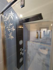 a shower with a glass door in a bathroom at Las Cigüeñas de San Cristóbal in San Cristóbal de Segovia
