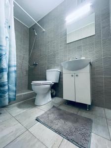 a bathroom with a toilet and a sink and a shower at Casa Kito in Constanţa