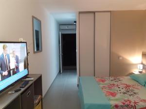 a hotel room with a bed and a flat screen tv at Blu Diamante in Le Diamant