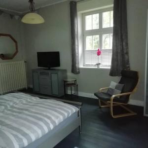- une chambre avec un lit, une télévision et une chaise dans l'établissement Ferienvermietung Reinstorf, à Reinstorf