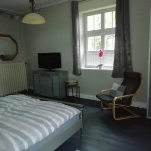 Un dormitorio con una cama, un televisor y una silla. en Gästezimmer Vermietung Reinstorf, en Reinstorf