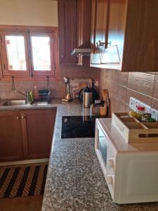 a kitchen with wooden cabinets and a stove top oven at Fontana Traditional House in Anarita