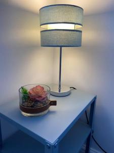 奧本的住宿－Newly refurbished town centre apartment，桌子上放着一盏灯和一碗鲜花