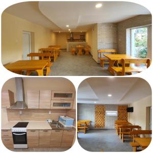 three pictures of a kitchen and a dining room at Дамяновата къща in Sapareva Banya