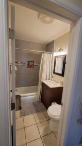 a bathroom with a toilet and a sink and a shower at Adorable modern guesthouse with full kitchen in Encino
