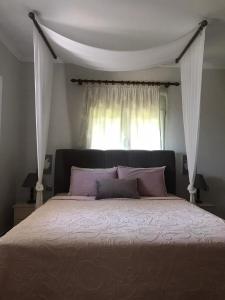 a bedroom with a bed with a canopy and a window at Casa dei fiori in Asprovalta