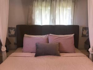 a bed with pink and grey pillows and a window at Casa dei fiori in Asprovalta