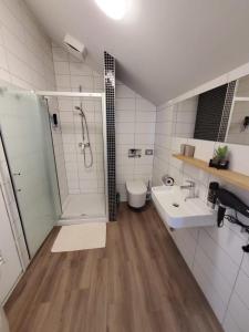 een badkamer met een douche, een toilet en een wastafel bij CHATA B - Veľká Lomnica in Kežmarok