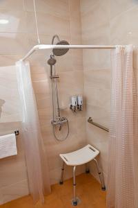 a shower with a shower curtain and a stool in a bathroom at Casa OLD BRICK in Ocna Şugatag