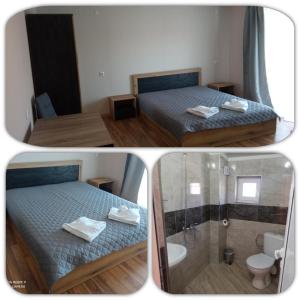 2 fotos de un dormitorio con cama y ducha en Дамяновата къща en Sapareva Banya