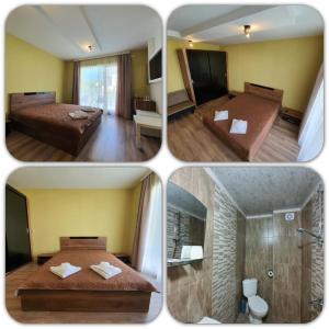 four pictures of a hotel room with two beds and a shower at Дамяновата къща in Sapareva Banya