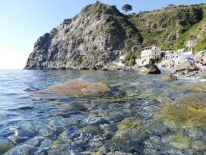 a view of a beach with rocks and the water at Appartamento City in Palmi
