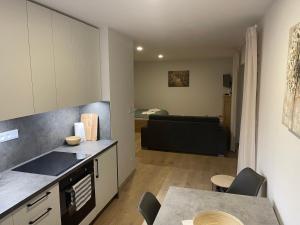 a kitchen and living room with a couch in the background at Apartmán ADKA in Terchová