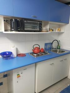 a kitchen counter with a sink and a microwave at Terminal Pajarito in Santiago