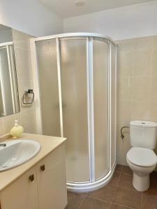 a bathroom with a shower with a toilet and a sink at Apartment Lecer 7 - 2nd floor in Porta