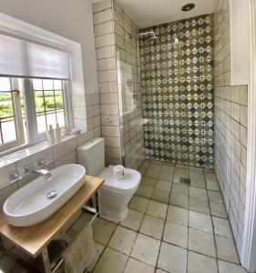 a bathroom with a toilet and a sink and a shower at Chadwell Hill Farm in Longwick
