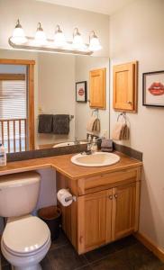 a bathroom with a toilet and a sink and a mirror at Cozy Mountain Retreat w/ Private Hot Tub in Fernie