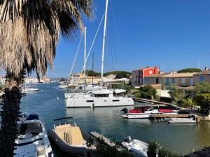 a bunch of boats are docked in a harbor at Cozy villa in a charming neighbourhood in Grimaud