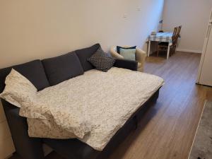 ein schwarzes Sofa im Wohnzimmer mit einem Tisch in der Unterkunft Charming modern country unit for rent in Tarum