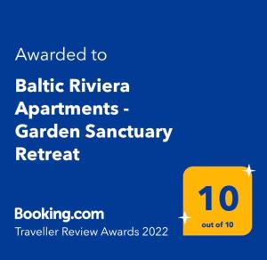 Certifikát, ocenenie alebo iný dokument vystavený v ubytovaní Baltic Riviera Apartments - Garden Sanctuary Retreat