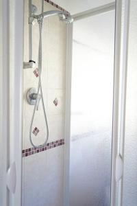 um chuveiro numa casa de banho com uma porta de vidro em Comfort in riva al mare em Belmonte Calabro