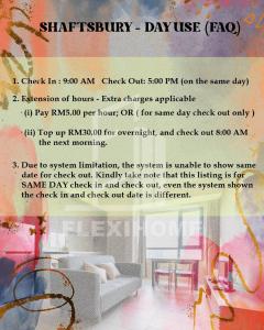 a flyer for a day use in a living room at 9am-5pm, SAME DAY CHECK IN AND CHECK OUT, Work From Home, Shaftsbury-Cyberjaya, Comfy Home by Flexihome-MY in Cyberjaya