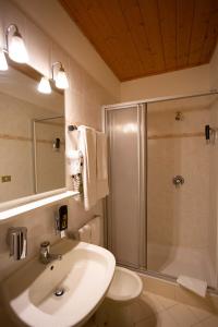 a bathroom with a sink and a shower and a toilet at Hotel Salegg in Siusi