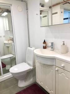 biała łazienka z toaletą i umywalką w obiekcie Lägenhet i Falkenberg w mieście Falkenberg