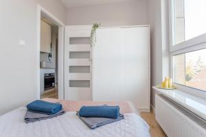 1 dormitorio con 1 cama con 2 almohadas en Urban Jungle - Grey Apartment, en Białystok