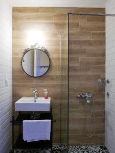 een badkamer met een wastafel, een spiegel en een douche bij Fox Tale Guest House in Fternón