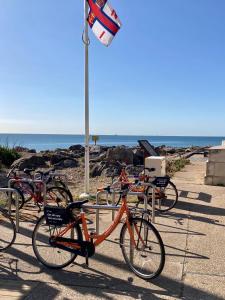 un grupo de bicicletas estacionadas junto a la playa en Gorgeous Central Studio with Balcony, 2 mins to Beach and Pier, en Worthing