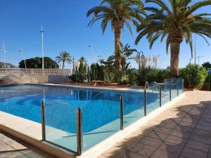 贝尼多姆Principado Marina的游泳池四周环绕着棕榈树,设有围栏