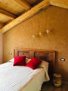 ein Schlafzimmer mit einem Bett mit roten Kissen darauf in der Unterkunft B&B Casa Egle in Corbola