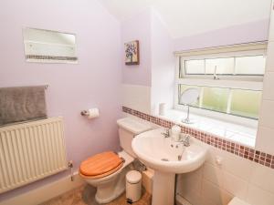 a white bathroom with a toilet and a sink at Pine Cottage in Bakewell +6 photos