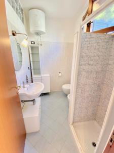 bagno con lavandino, servizi igienici e specchio di Bilocale Via del Mare a Marina di Bibbona