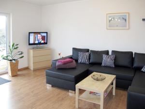 ein Wohnzimmer mit einem schwarzen Sofa und einem TV in der Unterkunft Holiday Home Johannika by Interhome in Godern