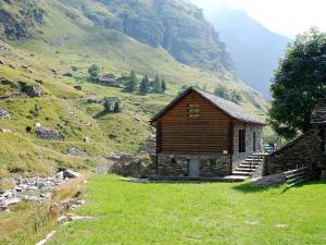 a small wooden cabin in a grassy field next to a mountain at Chalet Rustico Orino by Interhome in Alpe di Scieru