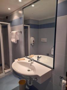 bagno con lavandino e specchio di Hotel Donizetti a Lallio