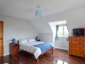 a bedroom with a bed and a dresser and a television at No 1 Apt, Brandy Harbour Cottage in Kilcolgan