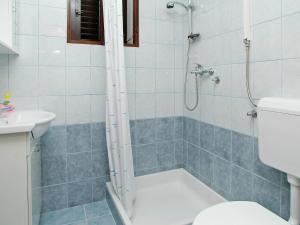 a bathroom with a shower with a toilet and a sink at Apartment Šarenko-5 by Interhome in Vela Luka +3 photos