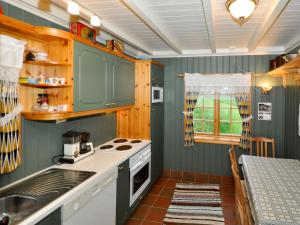 a kitchen with green walls and a stove top oven at Chalet Nystova - FJS250 by Interhome in Innvik