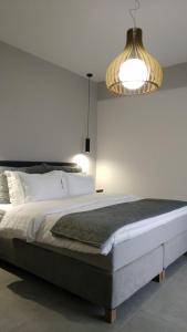 a bedroom with a large bed and a light fixture at Psammites in Kalabaka