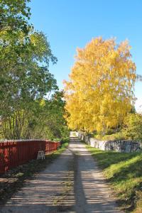 un camino con una valla roja y un árbol con hojas amarillas en Chalet Lindby Pärlan - STH150 by Interhome en Adelsö
