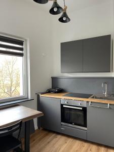 eine Küche mit einer Theke, einem Waschbecken und einem Tisch in der Unterkunft BASSWOOD ROOMS in Bremen