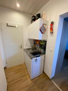 eine kleine Küche mit einem Herd und einem Kühlschrank in der Unterkunft Pensionszimmer Hannes in Lübeck