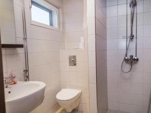 une salle de bain avec toilettes, lavabo et douche dans l'établissement Holiday Home Tahko spa suites orange a 9 by Interhome, à Tahkovuori